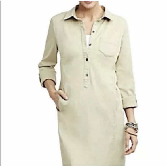 J. Jill Cotton Shirt Dress Khaki live-in-chino Collar Button Roll Tab Utility - Picture 1 of 11